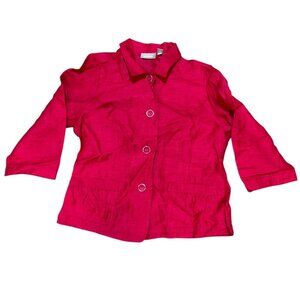 Chicos Womens Red Button-Up Jacket Sz 1 Small Linen Blend 3/4 Sleeves Blouse Top